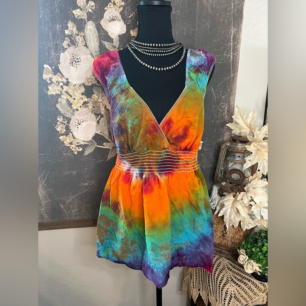 Dori Hand Tie Dyed Colorful Rainbow V Neck Elastic Waist Hippi Boho Blouse‎ Sz M